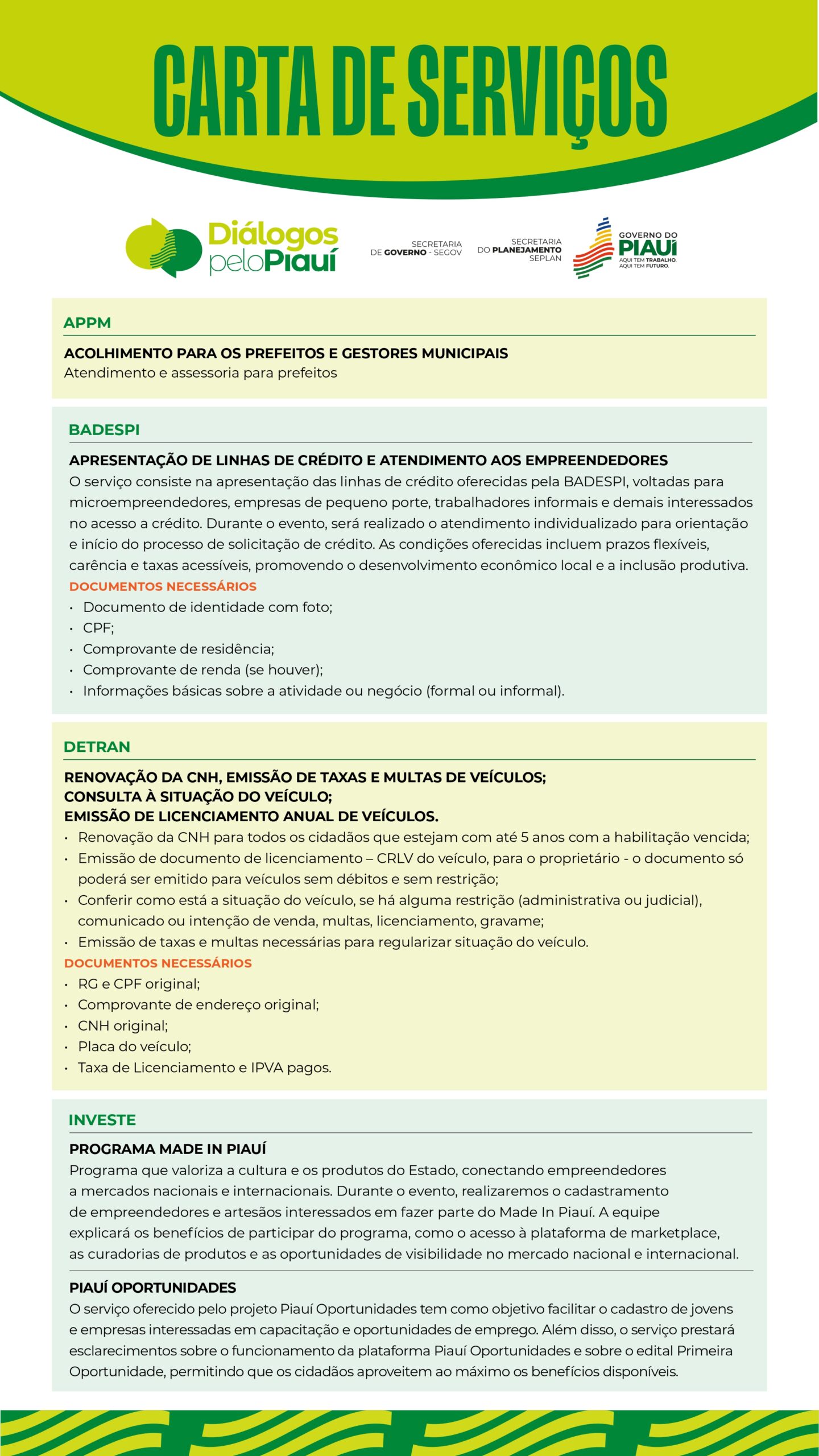 Service letter detailing credit lines, municipal support, vehicle documentation, and economic development programs in Piauí.