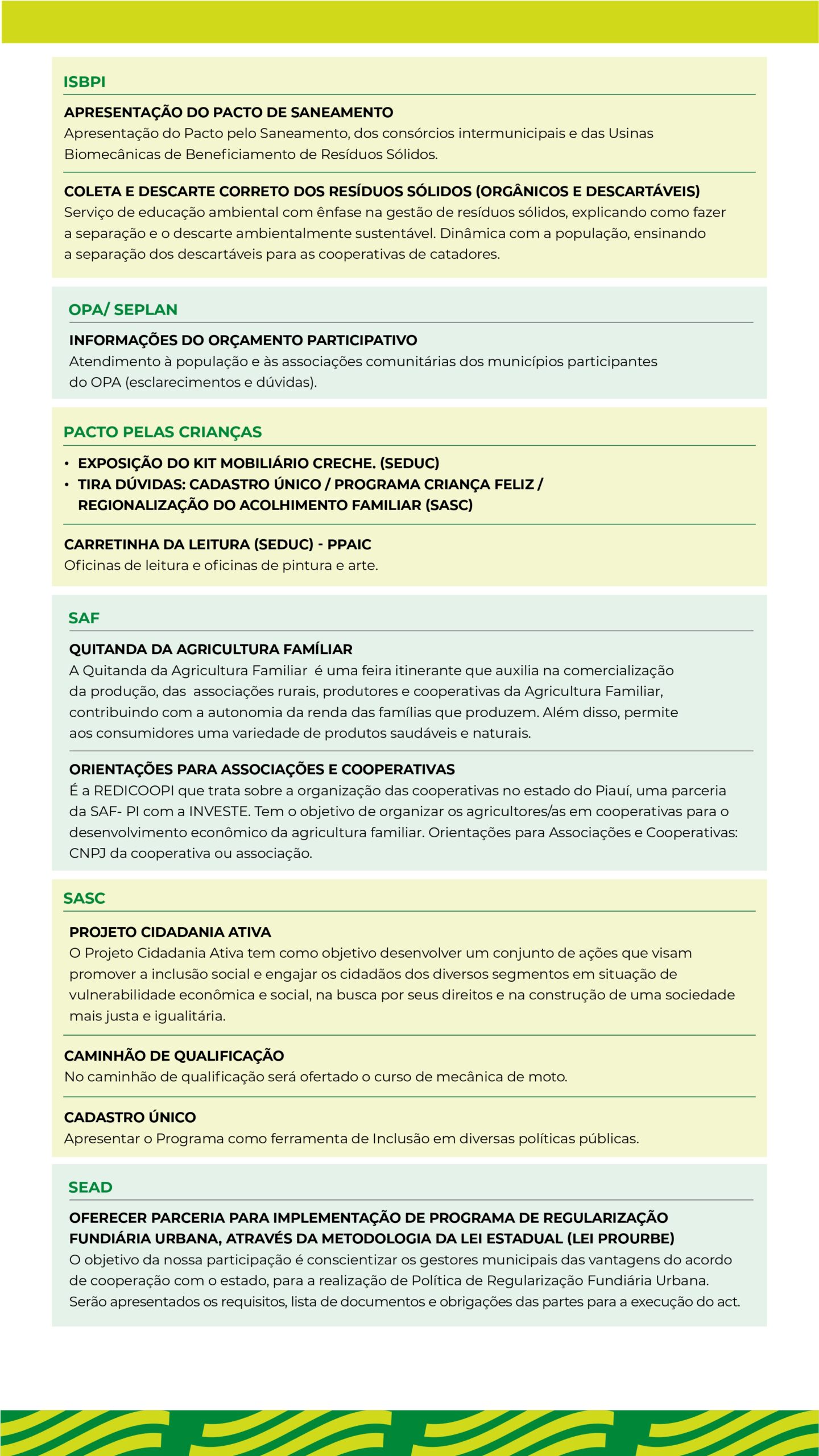 A colorful document outlining various community programs, including waste management, participatory budgeting, and agricultural support initiatives.