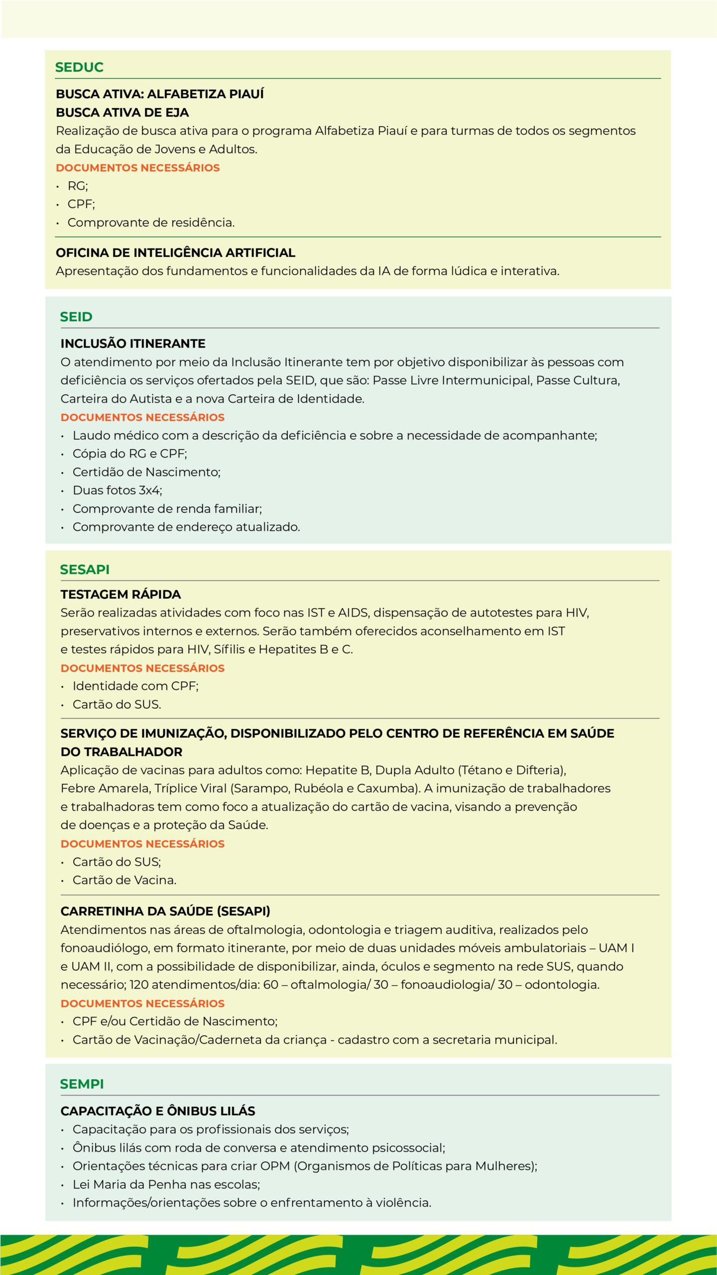 Information on educational programs, health services, and necessary documents for participation in various initiatives.