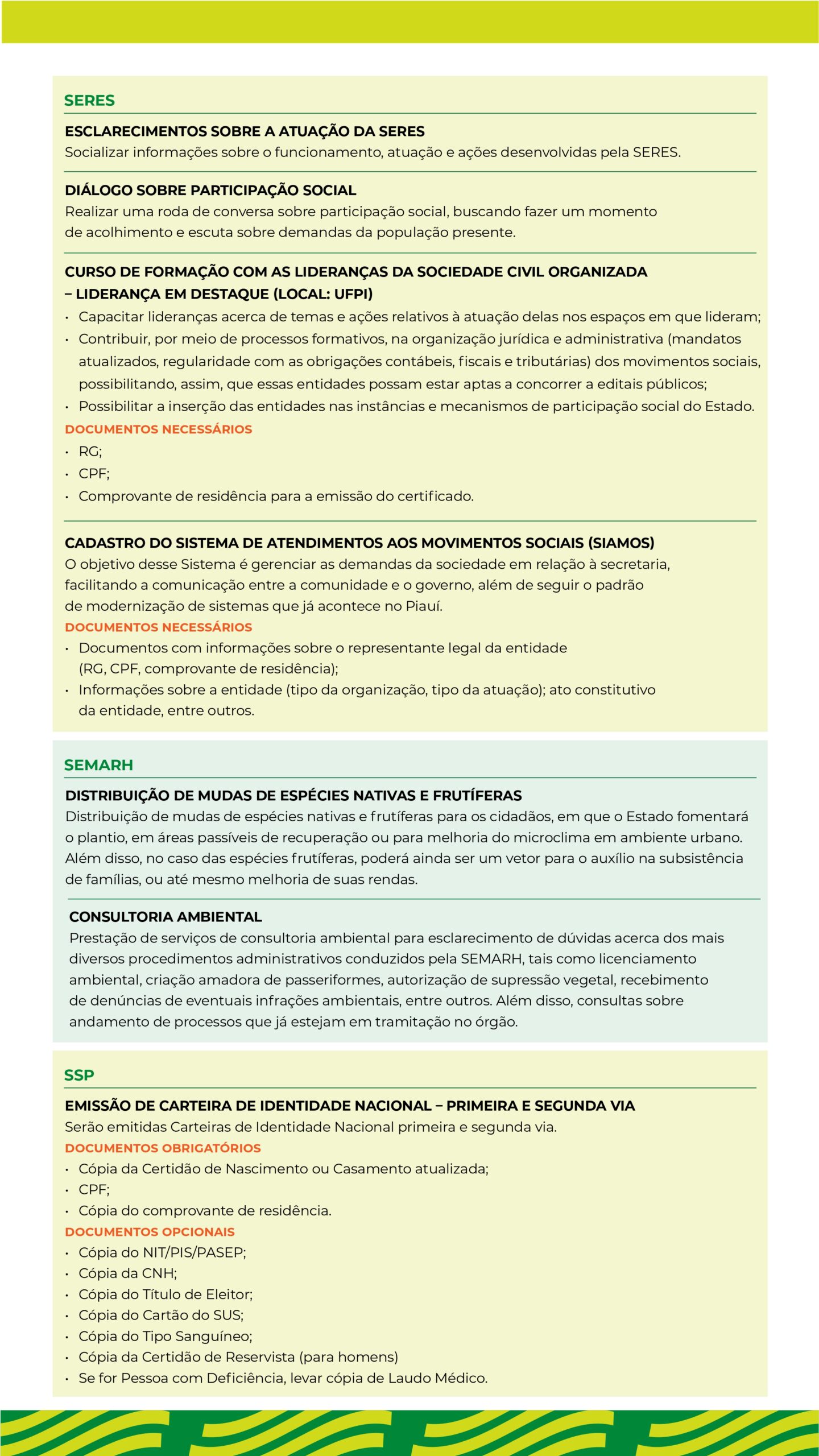 Information on social participation, civil society leadership training, and environmental consultancy services. Includes required documents for various processes.